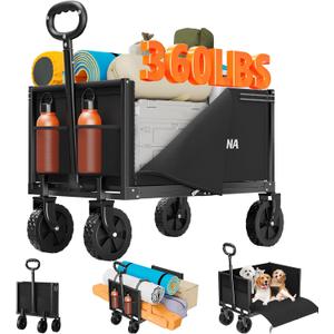 YACONA 3 in 1 Wagons Carts Foldable, 360LBS Lightweight Wagon with All Terrain Wheels, Collapsible Wagon Cart for Grocery, Camping, Beach, Garden & Sports (Black)