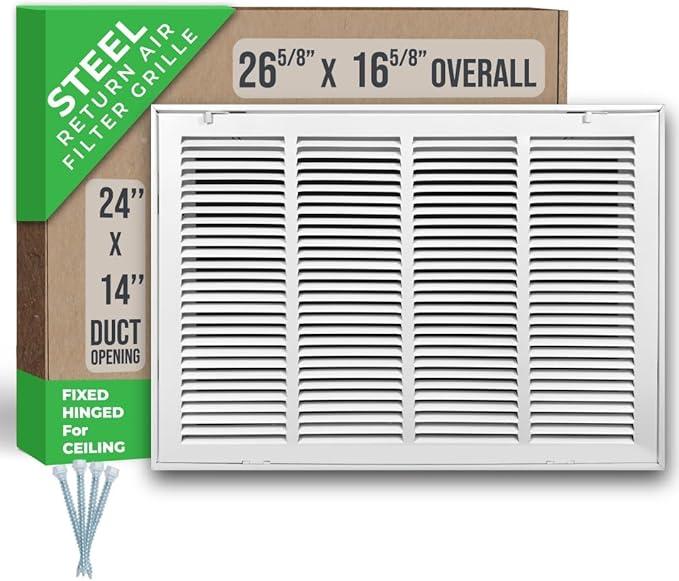 Fits 24x14 Duct Opening | Steel Return Air Filter Grille by Handua [Fixed Hinged] for 1-inch Filters | Vent Cover Grill for Sidewall and Ceiling | White | Outer Dimensions: 26 5/8"W X 16 5/8"H