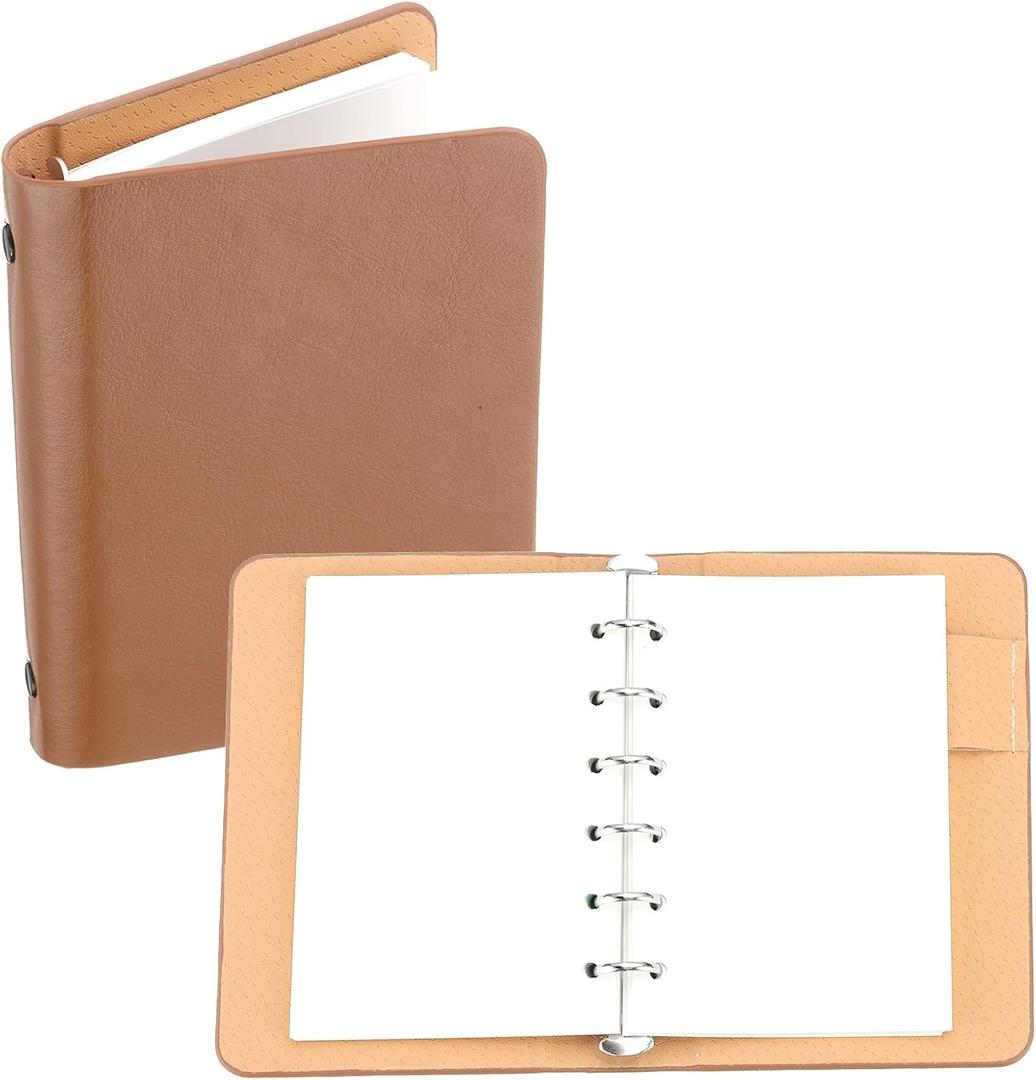 PATIKIL 6 Ring Binder Cover, A7 Leather Notebook Binder Mini Refillable Loose Leaf Personal Planner with 50 Sheets Paper, Brown