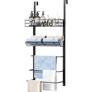 SWTYMIKI Over Door Towel Rack - 5-Tier Wall Mounted Towel Holder Storage Organizer with Metal Shelf for Bathroom, Black