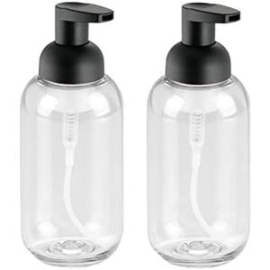 mDesign Round Plastic Refillable Foaming Soap Dispenser Pump Bottle for Bathroom Vanity Countertop - Vintage-Inspired, Compact Container Design - Twain Collection - 2 Pack - Clear/Matte Black