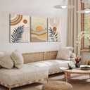 3Pcs Framed Boho Abstract Wall Art Orange Rainbow Sun Desert Minimalist Picture Mid-Century Modern Poster Prints Neutral Botanical Geometric Canvas Painting Wall Decor for Living Room 24L" x 16W"