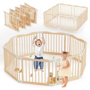 Foldable Wooden Playpen - Adjustable Wood Baby Play Yard with Child-Proof Lock, Indoor Large Safety Fence for Babies and Toddlers - Easy Assembly, 8 Panels