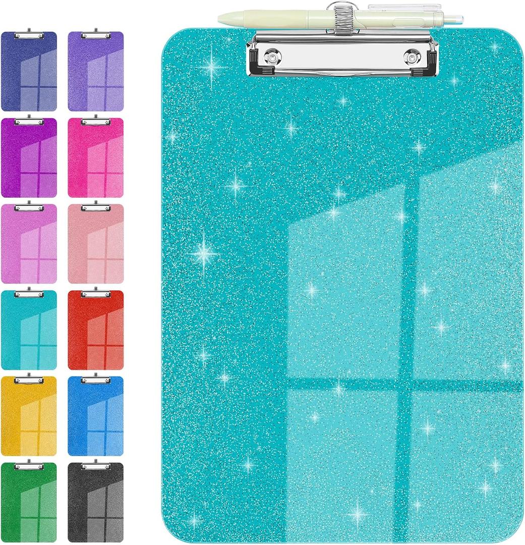 Sparkly Clipboard with Pen Holder Clear Plastic Glitter Clip Board Hanging Shiny Clipboards with Low Profile Metal Clip Letter A4 Size for Taecher Women Office School (Clear Green)