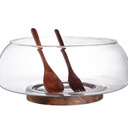 Large Glass Salad Bowl Set with Acacia Wood Base and Salad Serving Utensils, Salad Servers for Party, Fruits, Popcorn, Chips, Pasta, Kitchen Must-Have