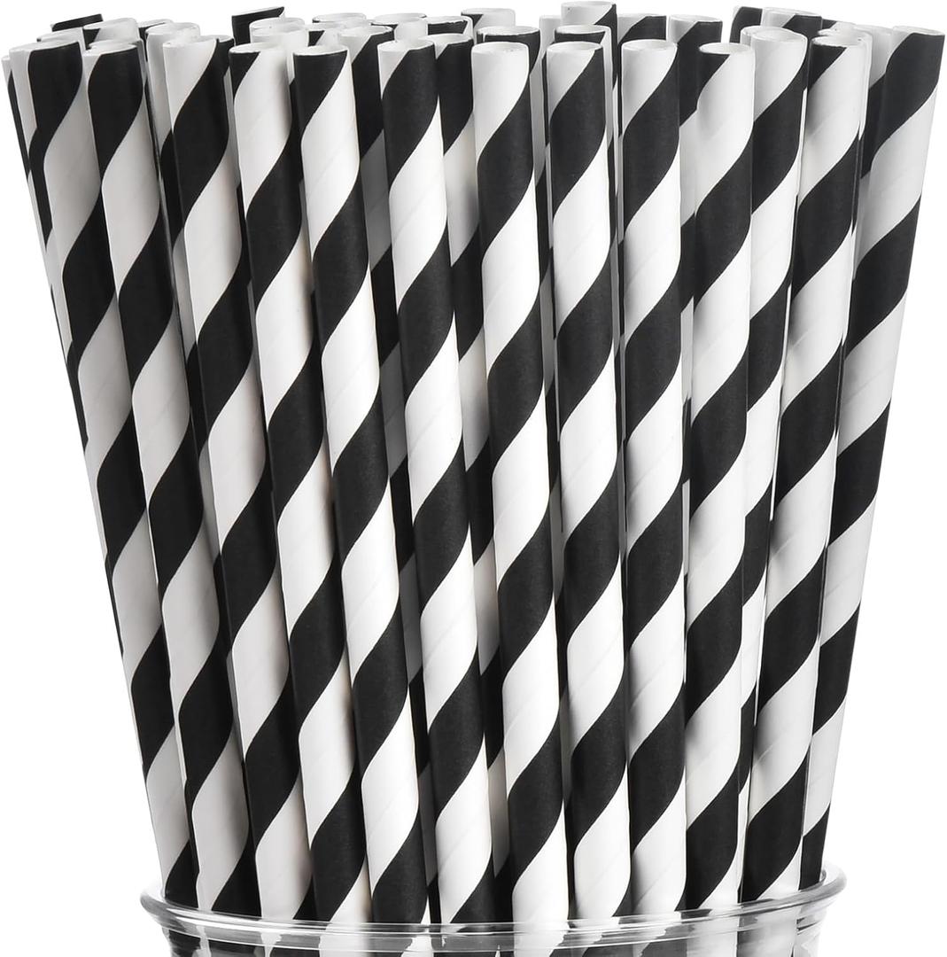 ALINK 100 Black and White Striped Paper Straws, Biodegradable Disposable Drinking Straws for Halloween, Christmas, Brithday, New Year, Party Decoration Supplies (Black Stripes)