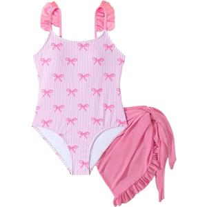 GORGLITTER Girl's Cute Bow Swimsuit Striped Ruffle One Piece Kids Bathing Suit with Beach Cover Up Skirt