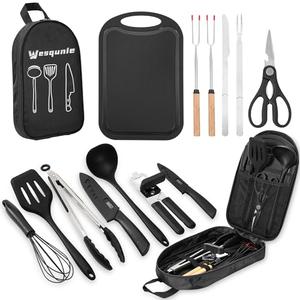Wesqunie Camping Essentials Cookware Cooking Utensils Set - Portable Camp Kitchen Mess Kit Outdoor Accessories, Stainless Steel & Silicone, Camping Gear Equipment for RV Picnic Grill, 14PCS Black