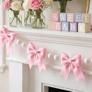 2-Pack 8ft Pink Bow Felt Garland, Coquette Room Decor, Pre-Strung Soft Banner for Baby Shower, Girls Birthday Party, Nursery Wall Decoration, Shabby Chic Wedding & Bridal Shower Bunting
