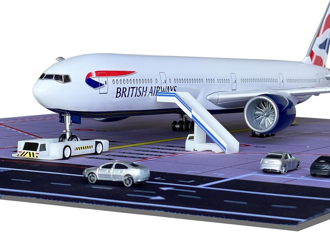 British B777 Airplane Model 1/157 Scale British B777 Model Plane with LED Lights and Airport Scene Accessories Ideal Display and Gift