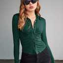 Women's T-Shirt Ruched Button Up Slim Tee for Women T-Shirt for Women (Color : Dark Green, Size : Small)