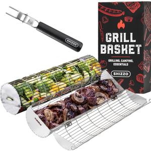Rolling Grill Basket, New Opening Design, Extra Sturdy Cylinder Grilling Basket, Food Grade Stainless Steel, Large Portable Outdoor Camping accessories BBQ Net Rack, Cooking Griller for Fish, Vegetables, and More - Gifts for Men Dad Husband - Set of 2