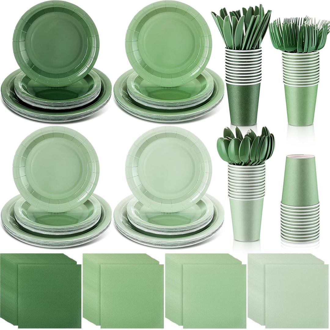 Nuogo 336 Pcs Sage Green Tableware Set Gradient Green 7 in 9 in Plates 9oz Cups Supplies Disposable Paper Plates Napkins Cup Fork Knives Spoon for Party Baby Shower Birthday Wedding