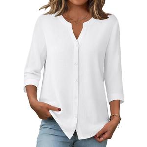 Zeagoo Button Down Shirts for Women 3/4 Sleeve Linen Cotton V Neck Tops Dressy Casual Loose Work Blouses (White, S)