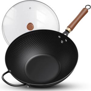 Todlabe Nonstick Wok, 13-Inch Carbon Steel Wok Pan with Glass Cover, Woks & Stir-Fry Pans for Induction, Electric, Gas, Halogen, All Stoves