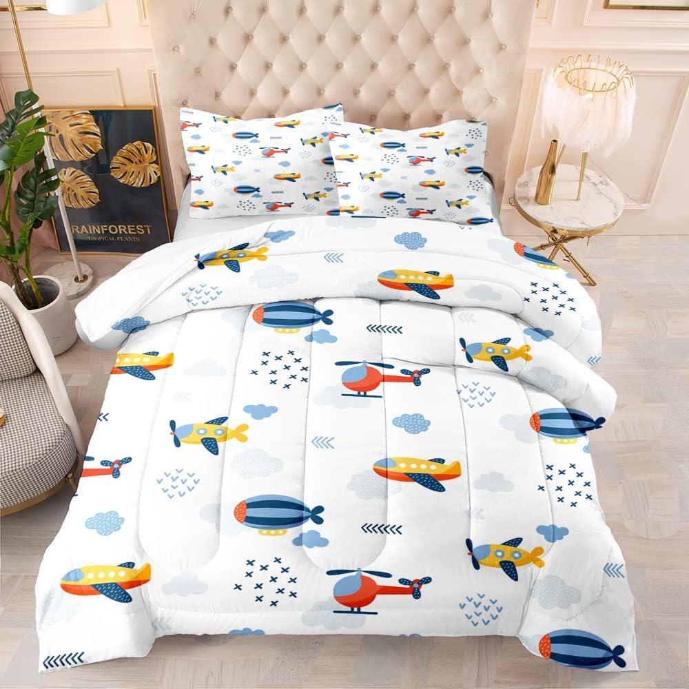 Suncloris Kids Cartoon Airship Comforter, Toddler Kawaii Toys Airplane Bedding Set for Girls Boys, Child Birthday Gifts Quilt Bedroom Decor with 2 Pillow Cases (Airship08, Queen)