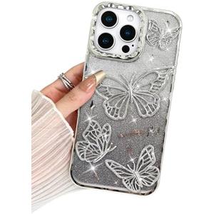 BITOBE Designed for iPhone 16 Pro Max, Cute 3D Butterfly Case Slim Plating Glitter Bling Luxury Cover for Women Girls Protective Camera Protection Bumper 6.9" Silver