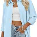 siliteelon Womens Button Down Shirts Solid Dress Shirts Long Sleeve Flowy Collared Work Office Business Blouses Chiffon Tops (Blue, XS)