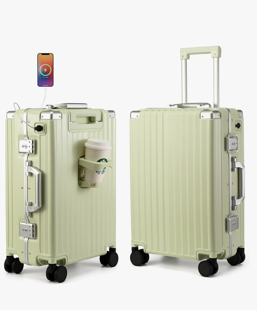 MYER Hard Shell Carry On Luggage 22x14x9 Airline Approved,20 Inch Aluminum Luggage with 100% 3-Layer PC,Carry On Suitcases with Wheels,Cup Holder and USB Port (Vanilla Green, 20 inch)