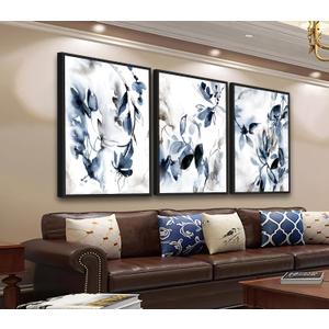 Large Framed Canvas Wall Art - Abstract Floral Wall Decor, Navy Blue Flowers Pictures, Ink Wash Botanical Painting Prints for Living Room Bedroom Office Bathroom Artwork 24" X 36" X 3 Pcs