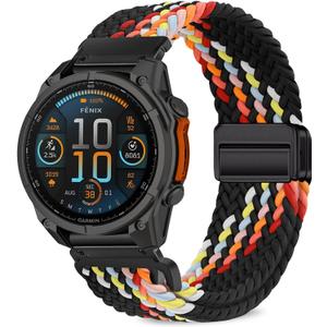 Quickfit 26mm Magnetic Braided Watch Bands Compatible with Garmin Fenix 8 Pro/Quatix 8/Tactix 8/Fenix 8 (51 mm)/7X Pro/7X/6X Pro/6X,Replacement Nylon Sport Strap for Women Men (Black Rainbow)