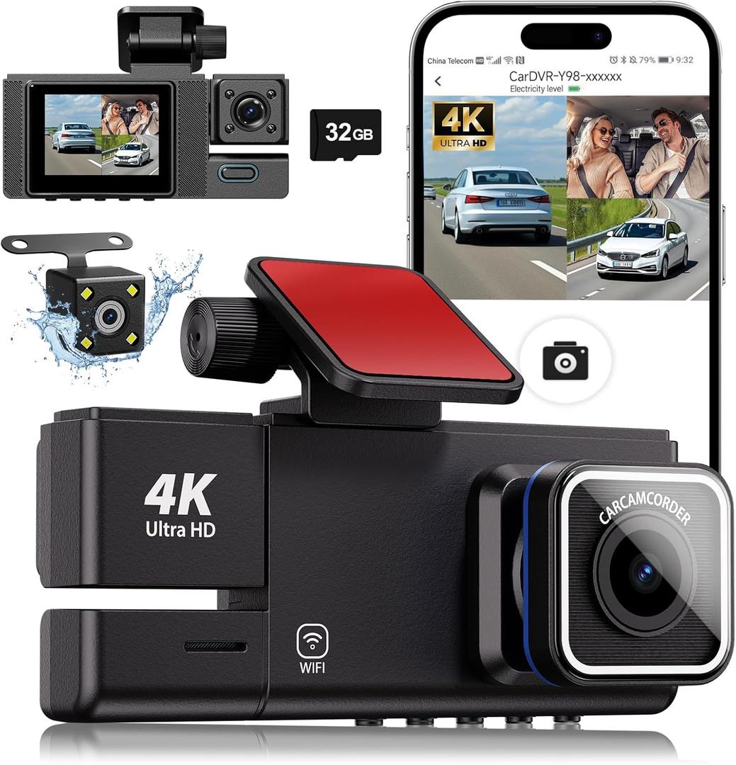 3 Channel Dash Cam, 5G WiFi Dash Camera for Cars, 4K UHD Dash Cam Front and Rear, Car Camera Built-in 32GB Card, Night Vision, G-Sensor, HDR, App Control, 24 Hours Parking Monitor, Loop Recording