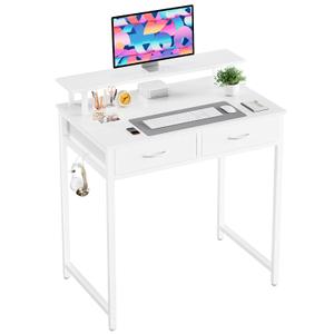 DUMOS 31-Inch Computer Desk with Drawers and Monitor Stand, White