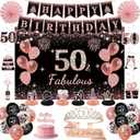 50th Birthday Decorations for Women - Rose Gold 37Pcs All-in-One Party Kit with Banner, Backdrop, Tiara, Sash, Cake Topper, Latex Balloons, Hanging Swirls, Centerpieces