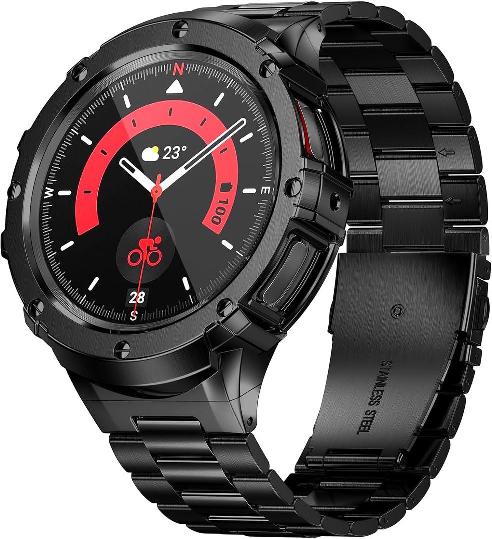 SUPLINK Stainless Steel Bands Compatible with Samsung Galaxy Watch 5 Pro Band 45mm, Metal Protector Rugged Case Adjustable Replacement Strap for Samsung Watch 5 pro Band for Men, Black (45mm(Galaxy Watch 5 Pro))