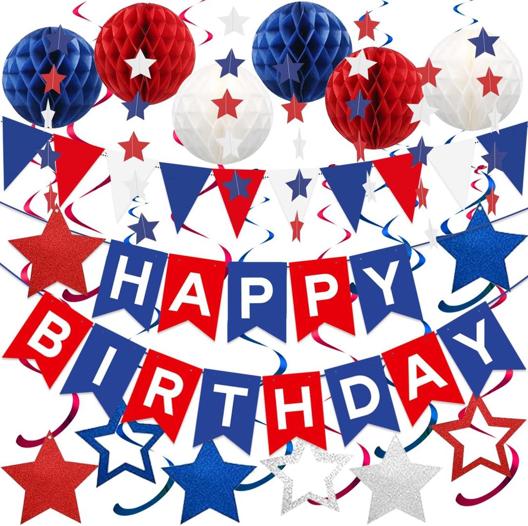 Blue, White & Red Birthday Party Decorations - Happy Birthday Banner, Honeycomb Balls, Star Streamers, Triangle Flags, Perfect for 4th of July & Baseball Parties