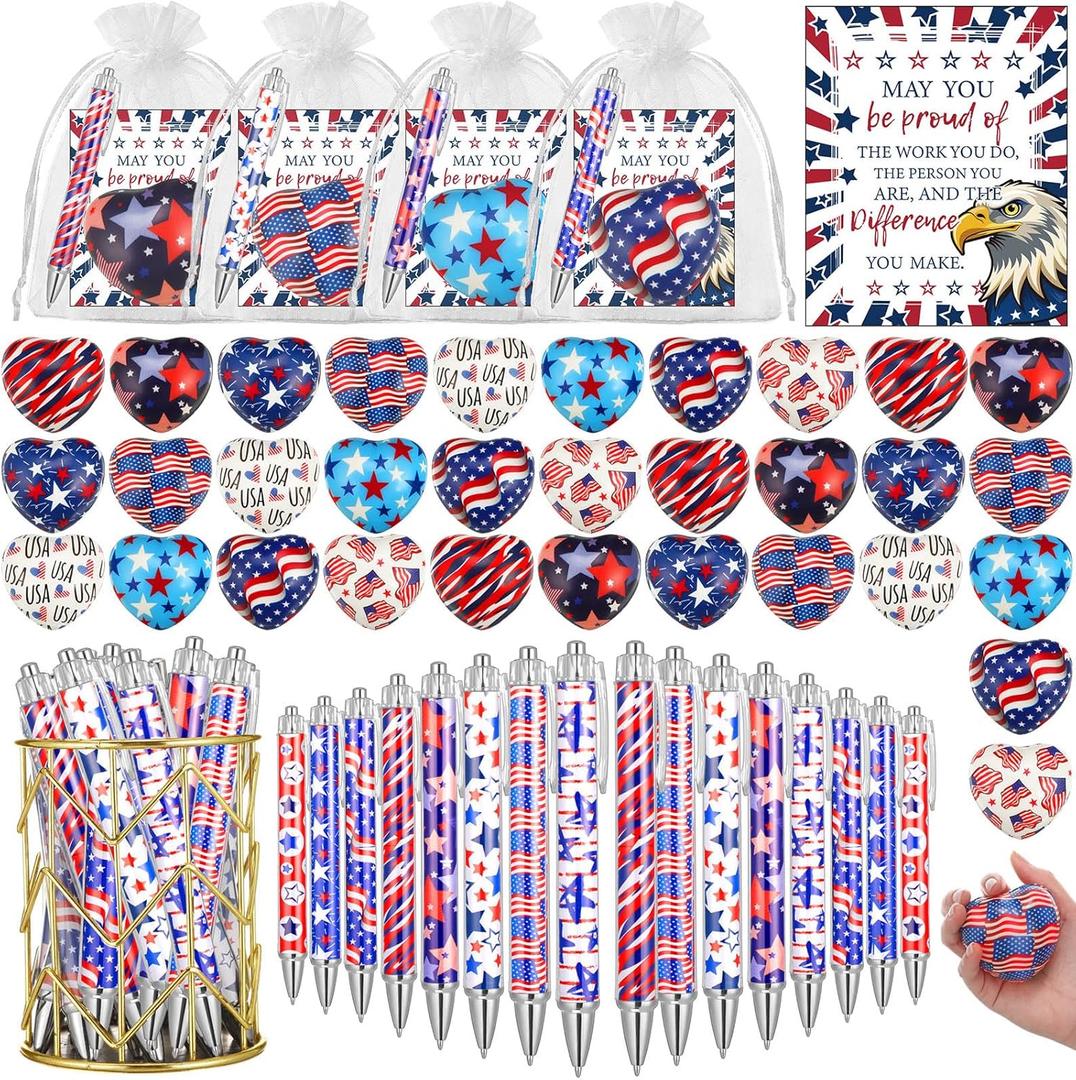 128 Pcs 4th of July Party Favors Ballpoint Pens and 2.75 Inch Stress Balls with Gift Cards Set Gifts Bulk for Independence Day Patriotic Pens Stress Balls Organza Bags(Heart Shaped)