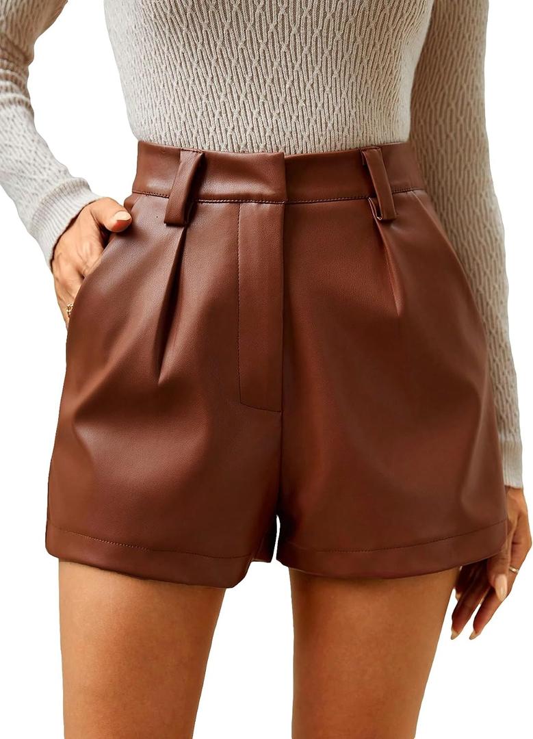Milumia Women's PU Leather High Waisted Pleated Wide Leg Dressy Shorts with Pocket (Brown, S)