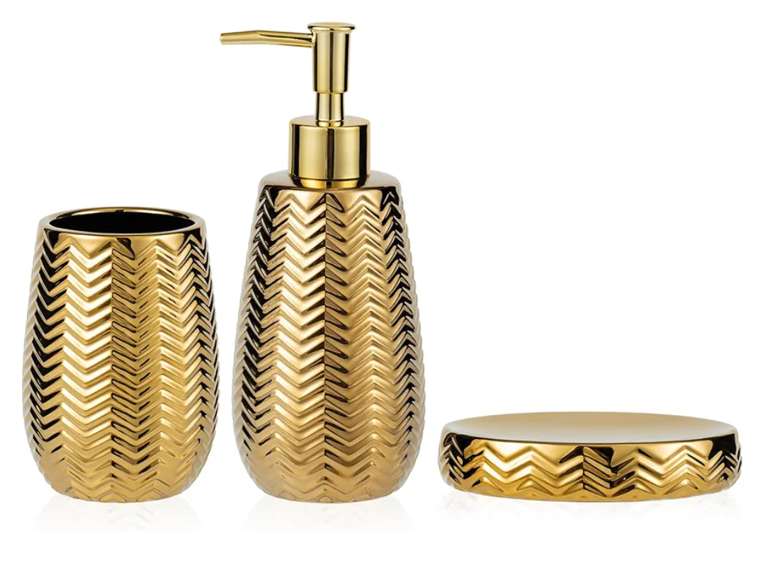 Gold Bathroom Accessories 3pcs Stylish Bathroom Accessories Set Gold Soap Dispenser Pump, Tumbler and Soap Dish Modern Decor Wavy Design Ceramic Bathroom Accessory Set