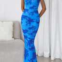 PRETTYGARDEN Women's Summer Maxi Floral Dresses Ruched Bodycon Sleeveless Mesh Formal Wedding Guest Cocktail Split Long Dress (Blue, Small)