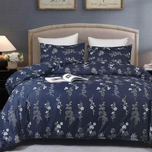 Navy Floral Duvet Cover Queen Size, 3 Pcs Dark Blue Flower Pattern Printed Microfiber Bedding Comforter Cover Set, All Season Blanket Quilt for Women Adult Bed Decor 90x90 inch