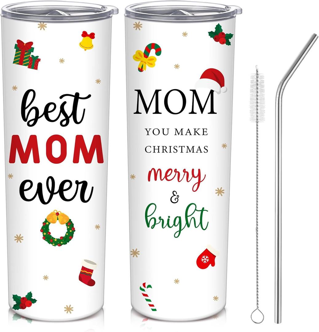 Christmas Birthday Gift for Mom Best Mom Ever Tumbler 20 oz Stainless Steel Insulated Coffee Tumbler with Lid Straw Brush from Daughter Son Husband for Xmas Mama Grandma Women Mothers in Law