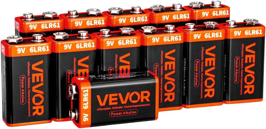 VEVOR 9V Alkaline Batteries, 12-Pack, 9 Volt Square Battery for Smoke Detector, 10-Year Shelf Life, Long Lasting, All-Purpose, for Fire Alarm, Household Office Business Devices, Electronics & Audio
