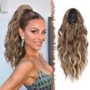 FESHFEN Ponytail Extensions, Long Curly Wavy Drawstring Ponytails Fluffy Clip in Pony Tail Hair Piece Synthetic Hairpieces for Women, 18 inch Light Brown & Blonde