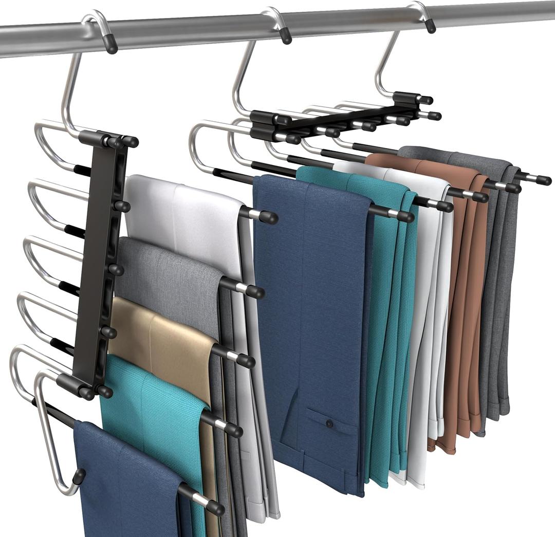 Utopia Home Pants Hangers Space Saving 2 Pack Black Foldable Hangers with Clips for Clothes, Pants, Jeans, Skirts and Scarves, S-Type Stainless Steel Hook, Anti-Slip Hanger for Closet Organization