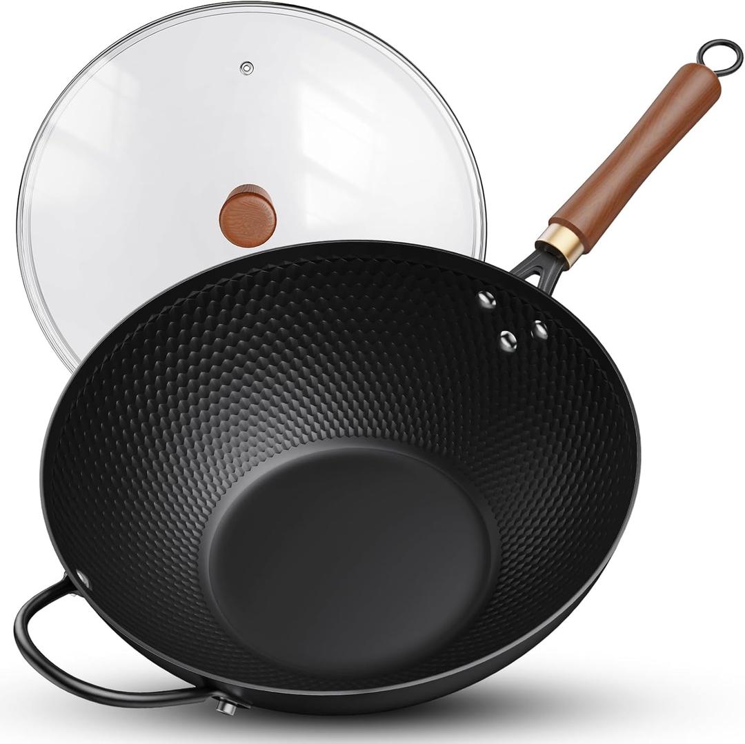 Todlabe Nonstick Wok, 13-Inch Carbon Steel Wok Pan with Glass Cover, Woks & Stir-Fry Pans for Induction, Electric, Gas, Halogen, All Stoves