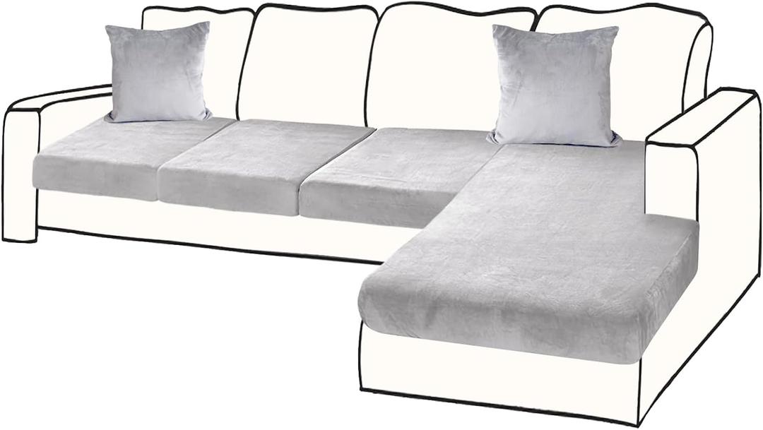 BT.WA Sectional Couch Covers for 4-Piece Seat Cushion Velvet Separate L Shape Couch Cover Stretch Sofa Slipcover with 2 Pieces Pillowcases Furniture Protector (Sofa 3 Seater + 1 Chaise, Light Grey)