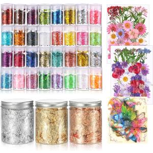 Daifunli 152 Pcs Holographic Chunky Glitter, Gold Foil Flakes, Dried Pressed Flowers and Double-Sided Faux Butterfly Epoxy Resin Jewelry Molds Kit for DIY Art and Crafts Candle Soap Jewelry Making