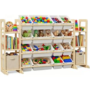 KiddoCood Large 100% Solid Wooden Kids Toy Storage Organizer, 60.2" W, 60.2"W, 6 Shelves, 16 Bins