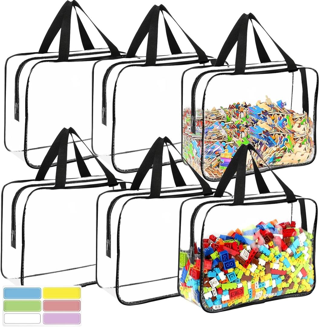 6 Packs Large Toy Storage Bags with Labels, Reusable Clear PVC Board Game Storage, Travel Waterproof Organizer Bags with Zipper for Building Blocks, Puzzle, Kids Books (black)