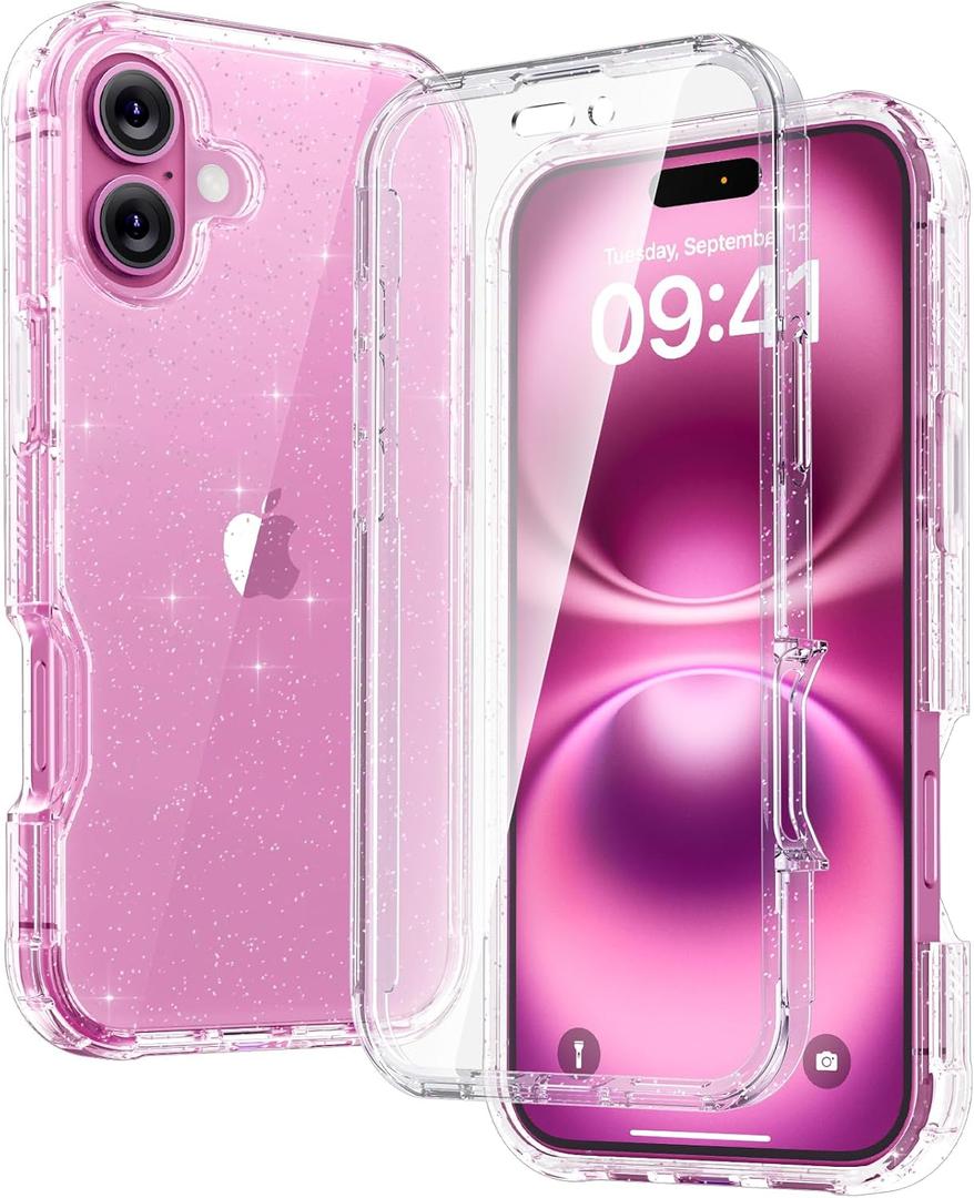 Diaclara Designed for iPhone 16 Case, Full Body Rugged Case with Built-in Touch Sensitive Anti-Scratch Screen Protector, Upgraded [Full Camera Protection] for iPhone 16 6.1" (Clear Glitter)