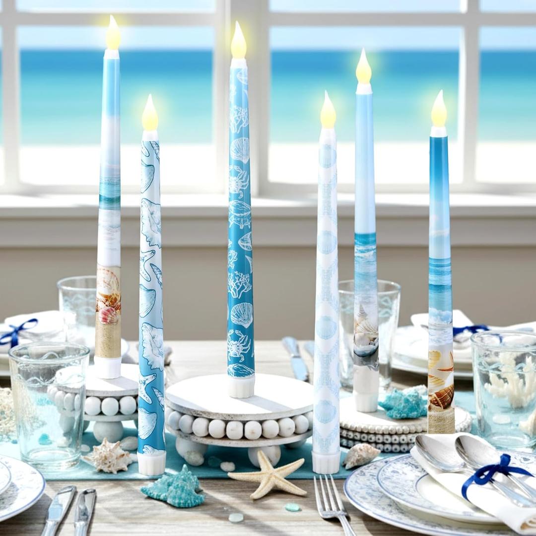 Riakrum 6 Pcs Ocean Flameless Candles Beach Starfish Seashell Flameless LED Battery Candles Summer Coastal Wax with Blue Patterns for Indoor Home Table Centerpieces Wedding Teal Decor Gift