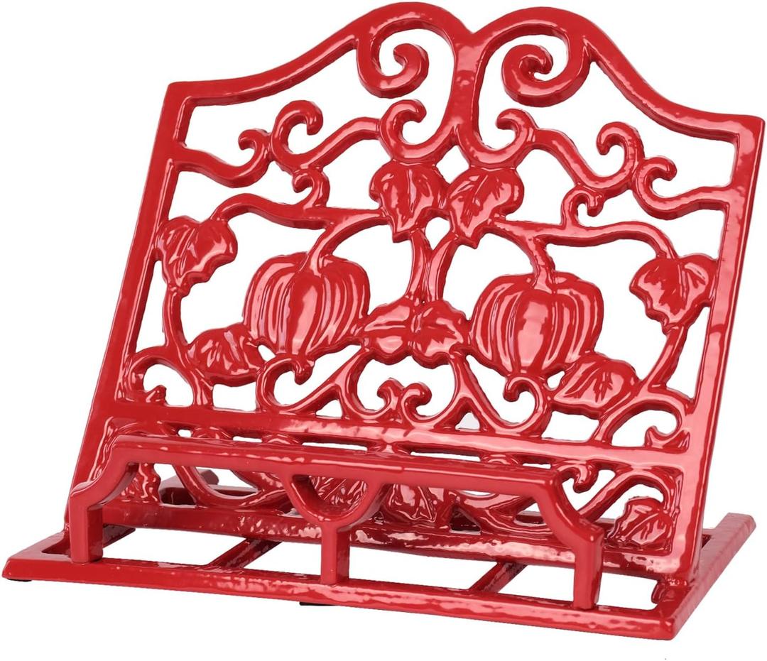 Vintage Cookbook Stand, Robust Wrought Cast Iron Recipe Book Holder for Kitchen Counter, Large Metal Cook Book Stand with Pumpkin Design, Red