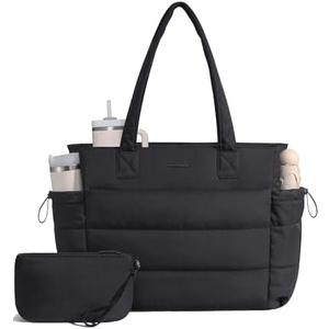LOVEVOOK Tote Bag for Women with Giant Tumbler Holder Pocket, Puffer Work Travel Laptop Handbag with Zipper for Nurse Teacher
