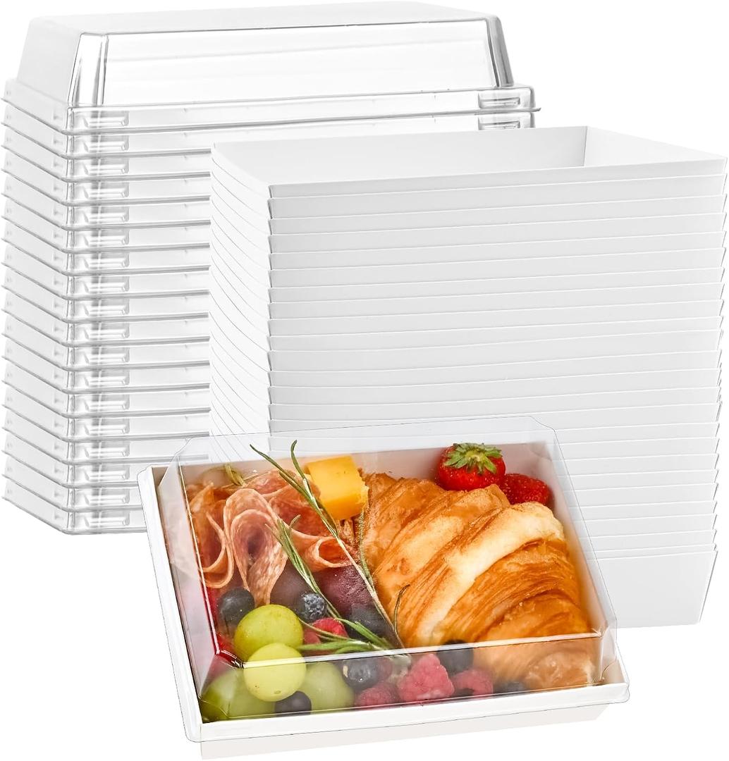 Ocmoiy 7x5 Inch Charcuterie Boxes with Clear Lids, 25 Pack Paper Bakery Boxes with Window, Disposable Take Out Food Containers for Sandwiches, Strawberries, Cookies, Cupcakes (White)