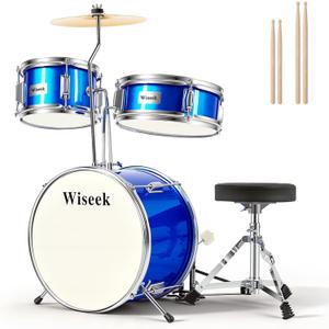 Drum Set, 3 Piece 14 inch Junior Drum Sets, Beginner Drums Set with Adjustable Throne, Cymbal & Two Pairs of Drumsticks, Musical Learning Drums Instruments Kit - Blue